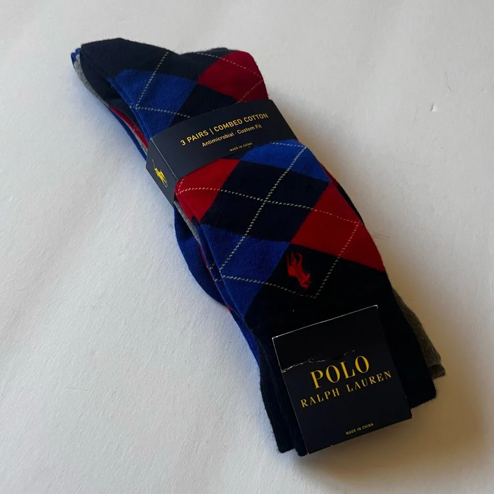 RALPH LAUREN POLO MENS 3 Pair COTTON BLEND SOCKS ARGYLE MIX BLUE RED GRAY OS NWT